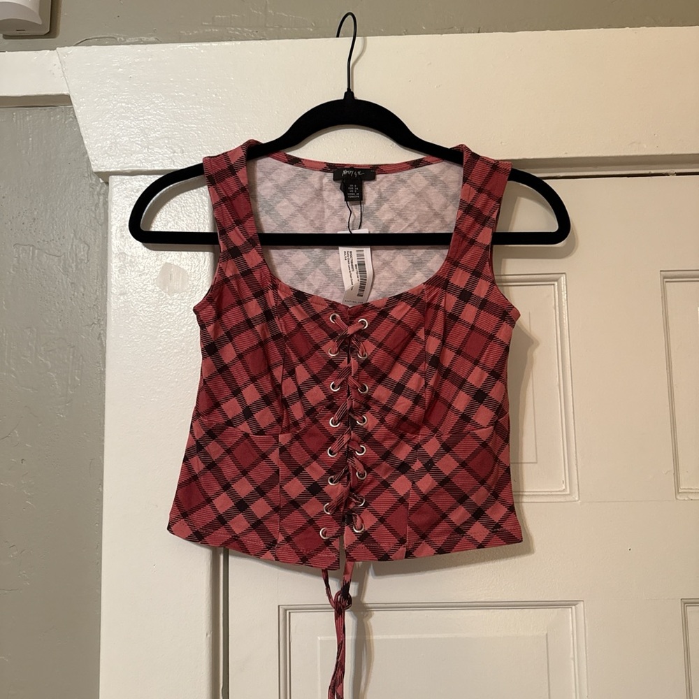 Nasty Gal Pink and Black Crop Tie Front Tank Top